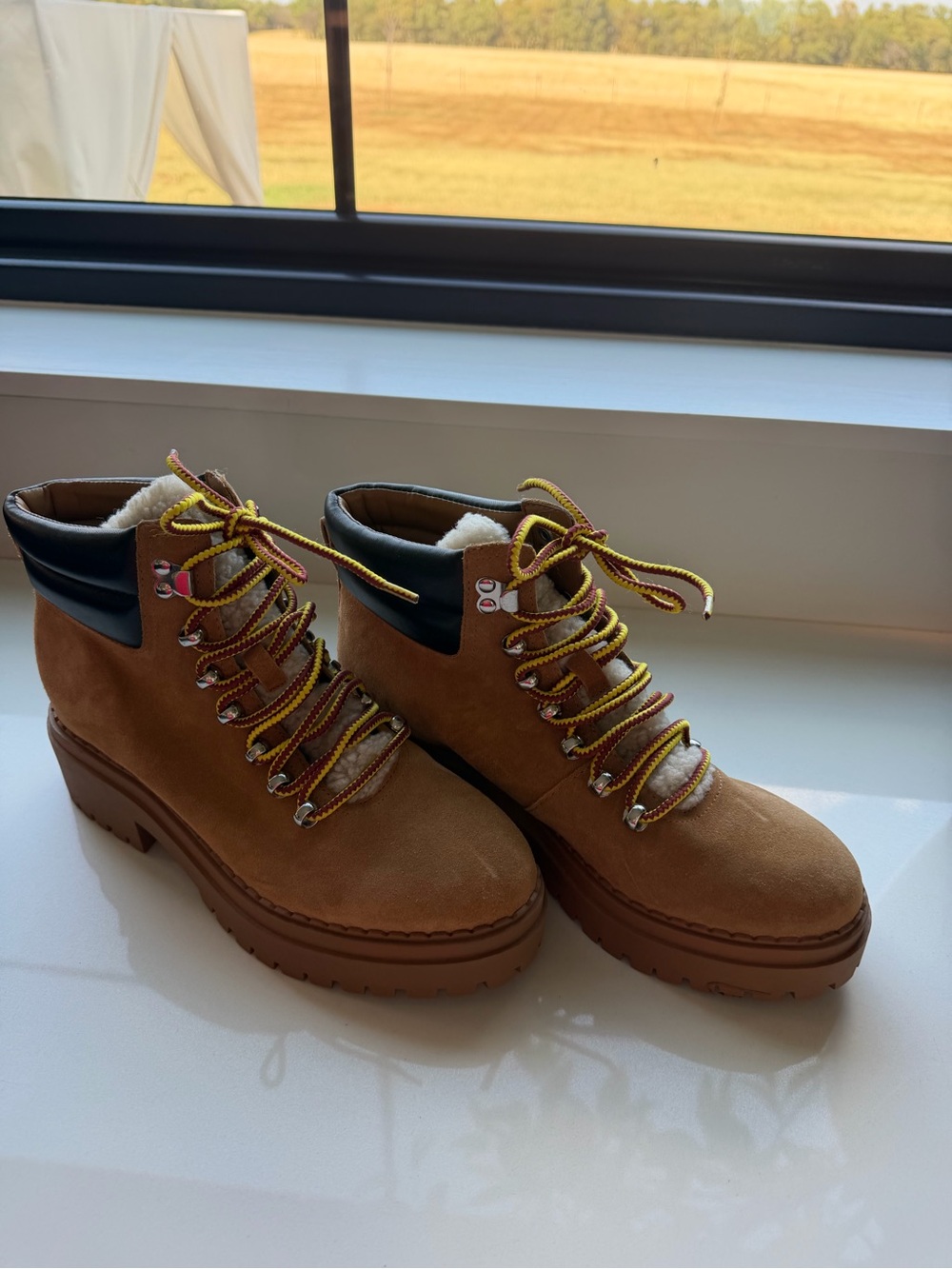 Marc Fisher Tan Suede Lace-Up Shearling-Trim Hiking Boots
